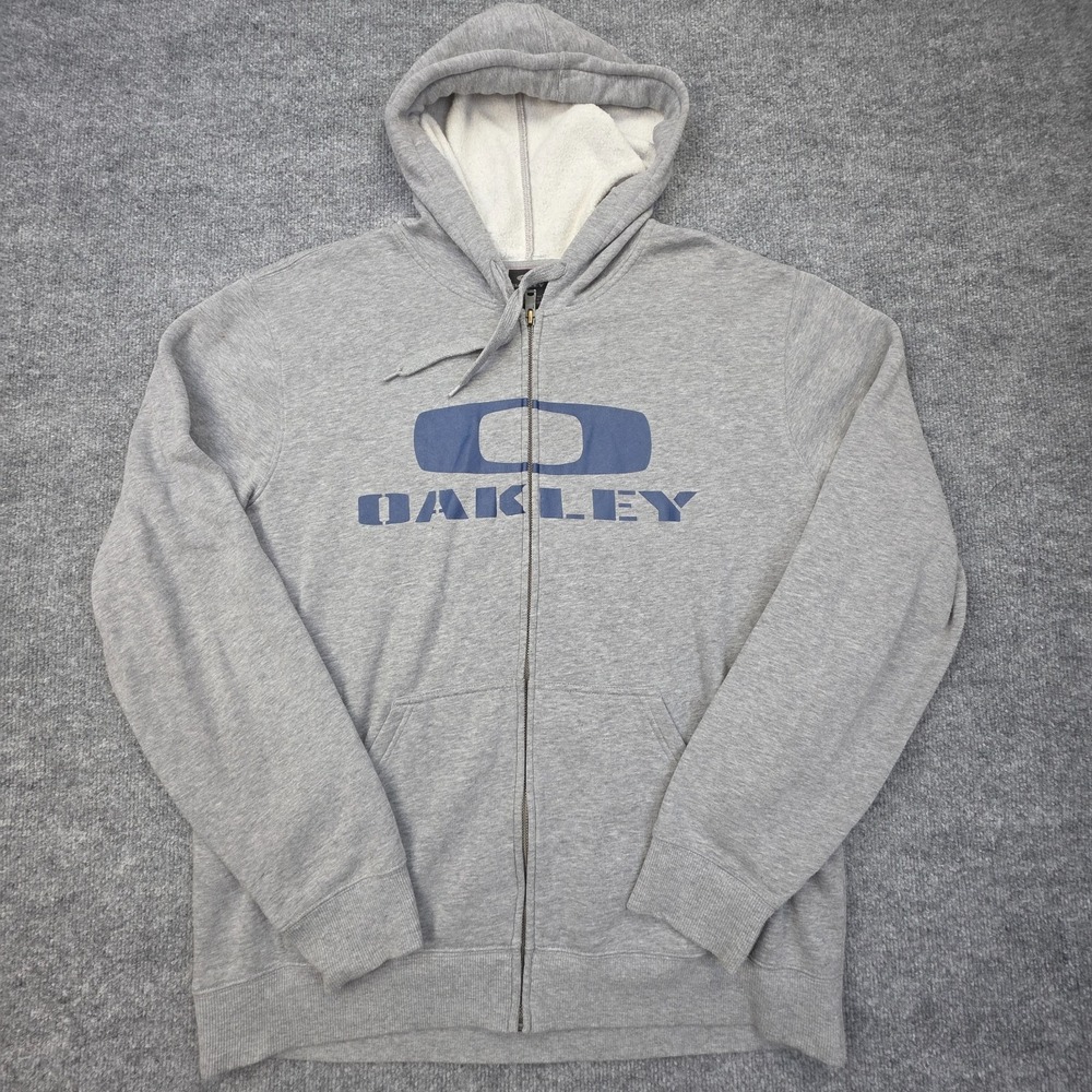Oakley Full Zip Hoodie Mens X-Large Gray Fleece Sweatshirt Y2K Logo Spellout